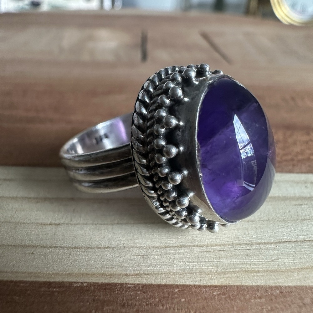 Vintage Artisan Amethyst Ring Size 6.5 Oval‎ Ornate Chunky 925 Sterling 10.0g